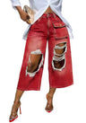 Whitewashed Vintage-style Red Ombre Ripped Raw-edge Wide-leg Capri Pants